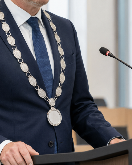 Bestuurder Met Ambtsketen Aan Lessenaar